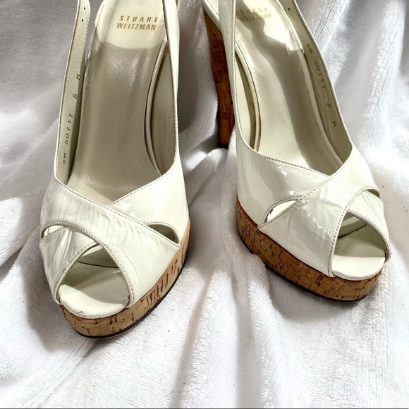 Stuart Weitzman white patent leather sling back peep toe with cork heel size 8 - Picture 3 of 15